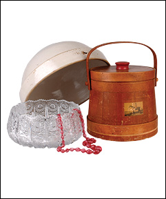 PICKETY PLACE ANTIQUES & COLLECTIBLES-Sterling, glassware, vintage jewelry & primitives for your favorite antique fans! Vintage sugar bucket ($46), stoneware dough bowl ($48), cut glass bowl ($45), cranberry bead necklace ($65).