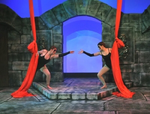 Harlequin Dancers Jem Burke and Keely McLean perform arial silk routine during opening sequence of Camelot Theatre's The Lion in Winter. (photo by Roy Von Rains, Jr.)