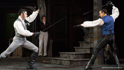 Edmond Dantes (Al Espinosa) seeks revenge against one of his wrongdoers, Danglars (Raffi Barsoumian) in an extended and well choreographed swordfight in Act 2 of OSF’s The Count of Monte Cristo.