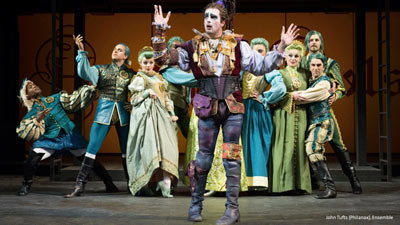 Fool (John Tufts) and Ensemble in Oregon Shakespeare Festival's "Head Over Heels". Photo by Jenny Graham.