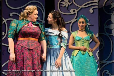 King's older daughter Pamela (Bonnie Milligan), younger daughter Philoclea (Tala Ashe) and their Lady in Waiting, Mopsa (Britney Simpson) in Oregon Shakespeare Festival's "Head Over Heels". Photo by Jenny Graham. 
