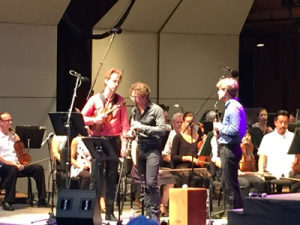 Guest artist violinist Harrison Hollingswood and Britt Music Director/clarinetist Teddy Abrams perform a klezmer piece with the Britt Orchestra, while guest clarinetist Johnny Teyssier watches on August 8, 2015 in Jacksonville, OR.