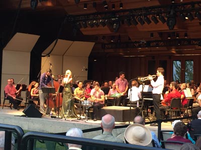 Britt String Bassist Nathan Farrington, Guest singer Morgan James, drummer Gabriel Globus Hoenich, Music Director/pianist Teddy Abrams and trumpeter Conrad Jones join the Britt Orchestra for the performance of Some Other Time from Leonard Bernstein’s On the Town on August 9, 2015 in Jacksonville, OR.