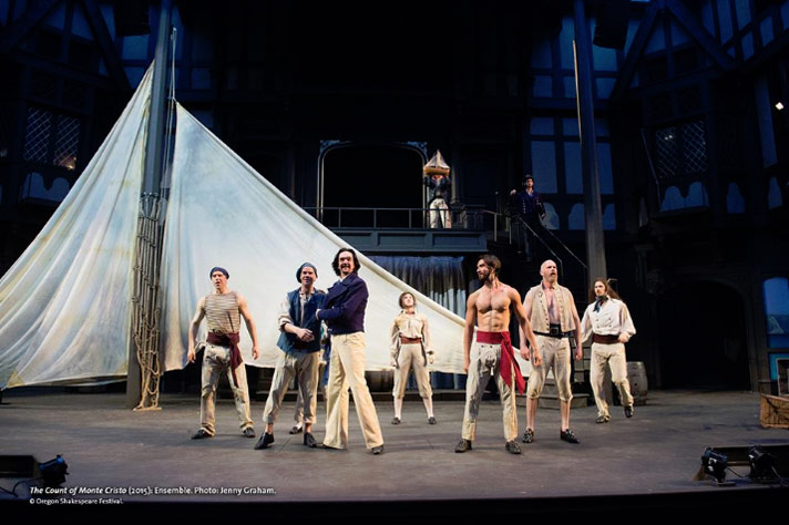Edmond Dantes (Al Espinosa) and crew of the ship Pharaon (Ensemble) display elation (through dance) upon returning to home port of Marseille during opening of OSF’s The Count of Monte Cristo. Photo by Jenny Graham.