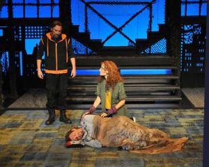 Judas (David King Gabriel), Mary (Kendra Taylor) and Jesus (Erik Connelly) in Camelot’s Jesus Christ Superstar.