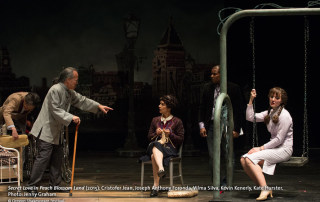 Jiang (Cristofer Jean), at left, and Yun (Kate Hurster), on swing, acting in a scene from Secret Love while the Director (Joseph Anthony Foronda) makes a point with Mrs. Jiang (Vilma Silva) and Assistant Director Kevin Kenerly looks on in OSF’s Secret Love In Peach Blossom Land. Photo by Jenny Graham.