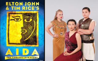 Left: Logo from the Broadway Production of Elton John's Aida Right: Princess Amneris (Aubrey James Campbell) in GOLD, Aida (Zoe Lishinsky) in MAROON & Radames (Dylan Evans) with SWORD in Camelot Conservatory's Production of Elton John's Aida