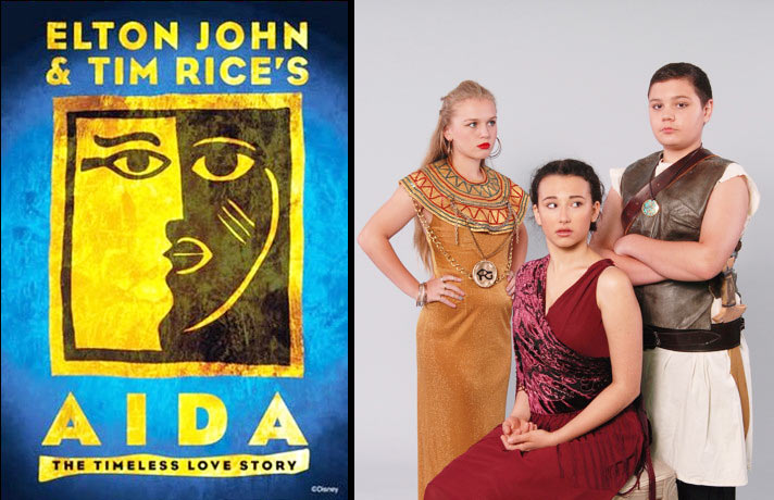 Left: Logo from the Broadway Production of Elton John's Aida Right: Princess Amneris (Aubrey James Campbell) in GOLD, Aida (Zoe Lishinsky) in MAROON & Radames (Dylan Evans) with SWORD in Camelot Conservatory's Production of Elton John's Aida