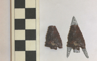 This image shows a chert projectile point, with an illustration on the right to show what the point would have looked like before it was broken (scale in centimeters).
